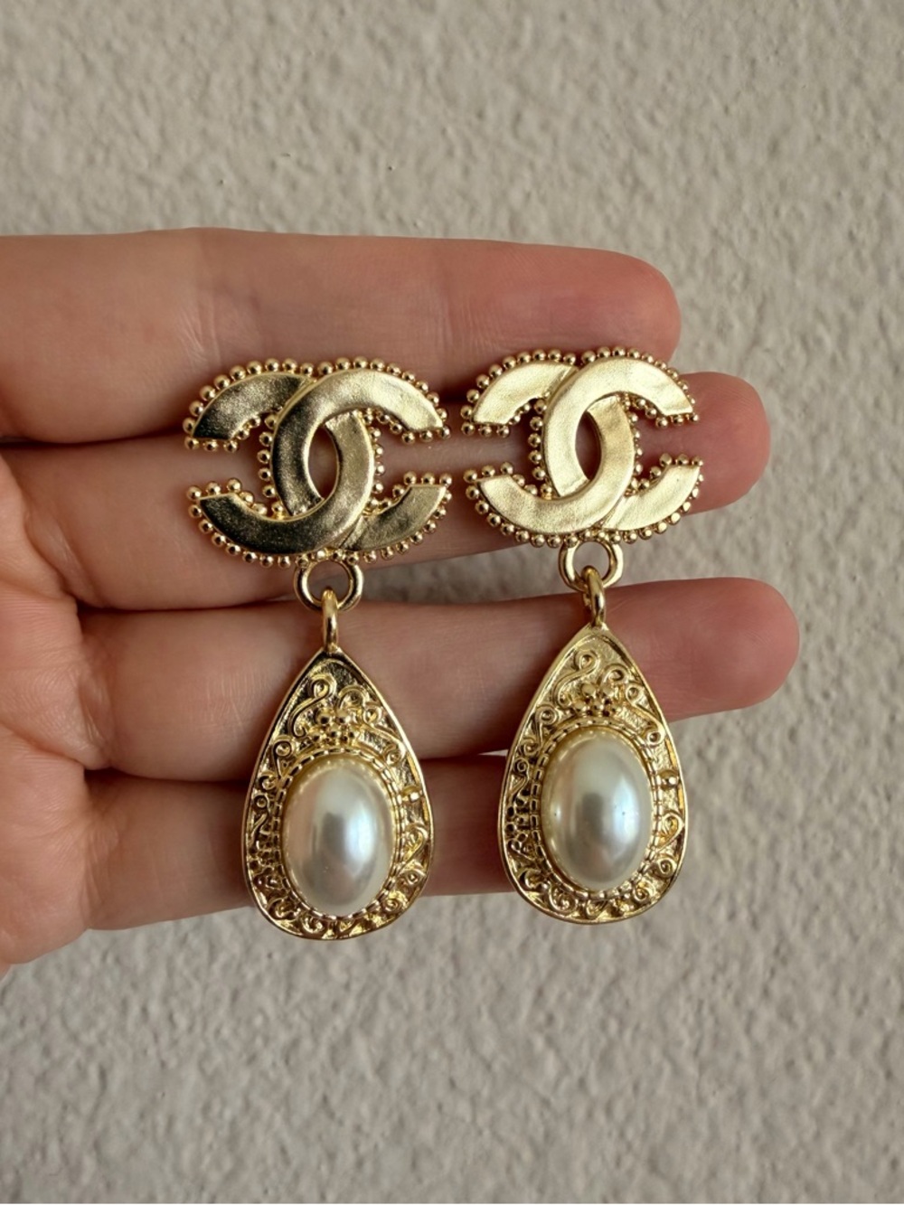 CHANEL Gold-Tone Pearl Drop CC Logo Earrings